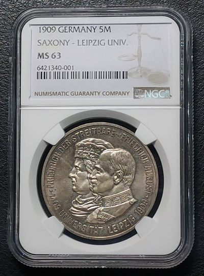 NGC MS63德国1909年萨克森莱比锡大学建校500周年纪念5马克银币 - NGC MS63德国1909年萨克森莱比锡大学建校500周年纪念5马克银币