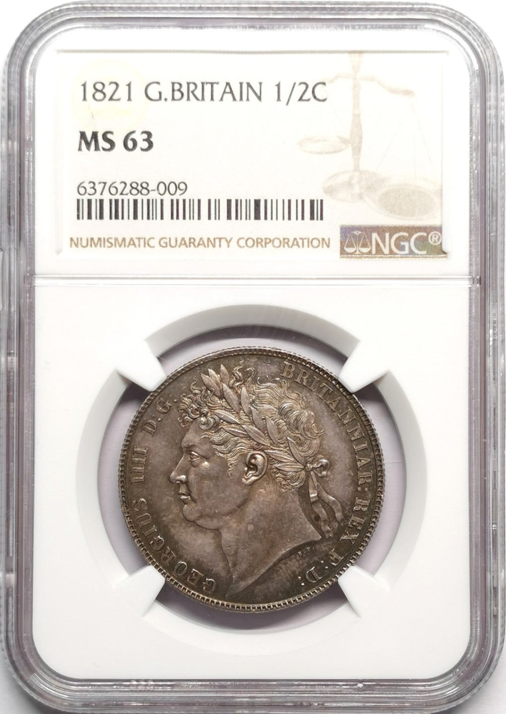 凡希社世界钱币微拍第二百三十二期 1821英国乔四半克朗NGC-MS63宝石绿彩！