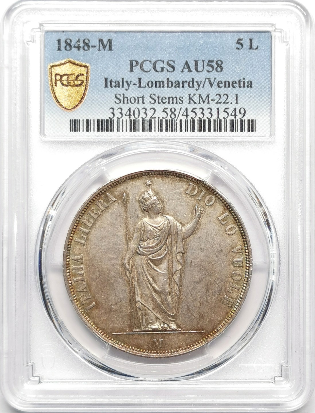 凡希社世界钱币微拍第二百三十二期 1848意大利伦巴第革命政府5里拉大银PCGS-AU58淡彩！