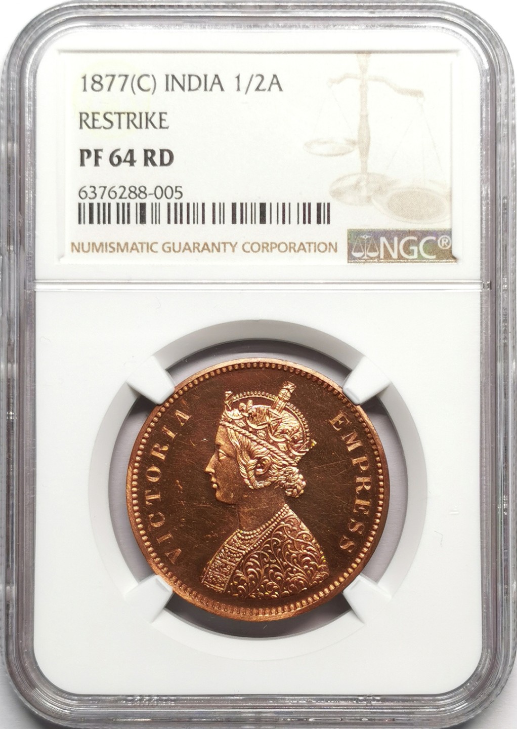 凡希社世界钱币微拍第二百三十二期 荐！1877C英属印度小维1/2安那大铜精铸NGC-PF64稀有！