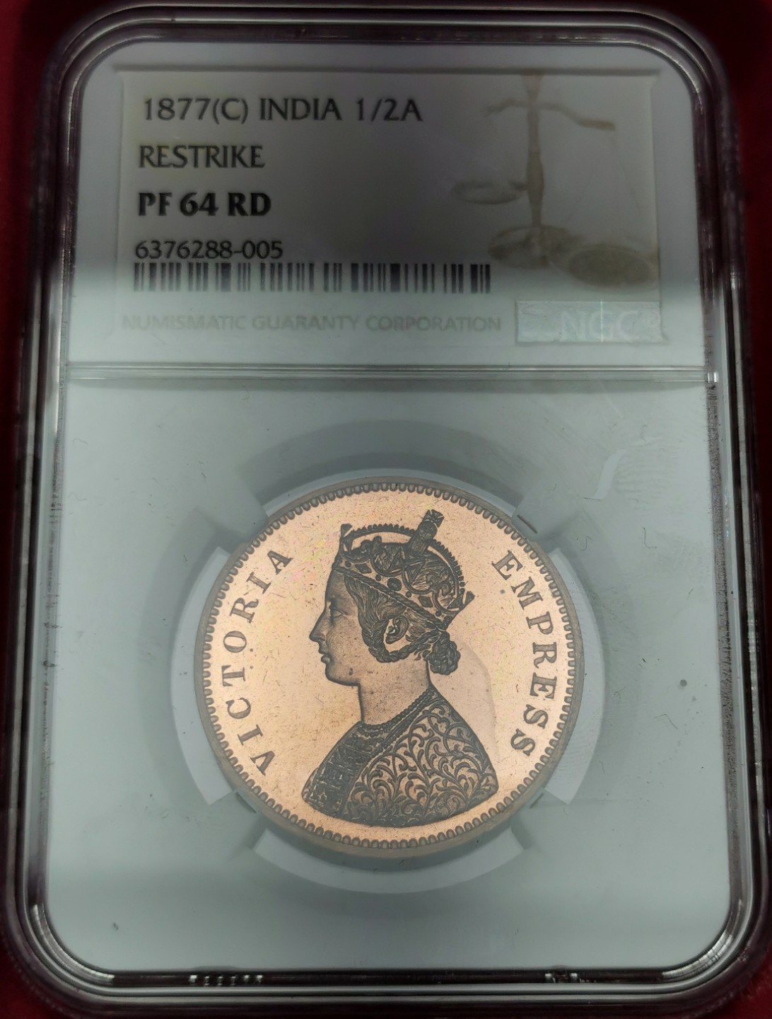 凡希社世界钱币微拍第二百三十二期 荐！1877C英属印度小维1/2安那大铜精铸NGC-PF64稀有！