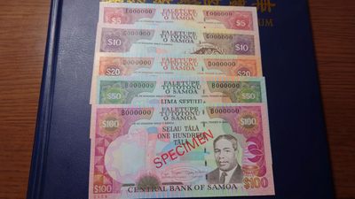 【世界钱币收藏】精选微拍第57期暨2023年第四期 裸钞专场 萨摩亚样钞 5-10-20-50-100元五张 全新绝品