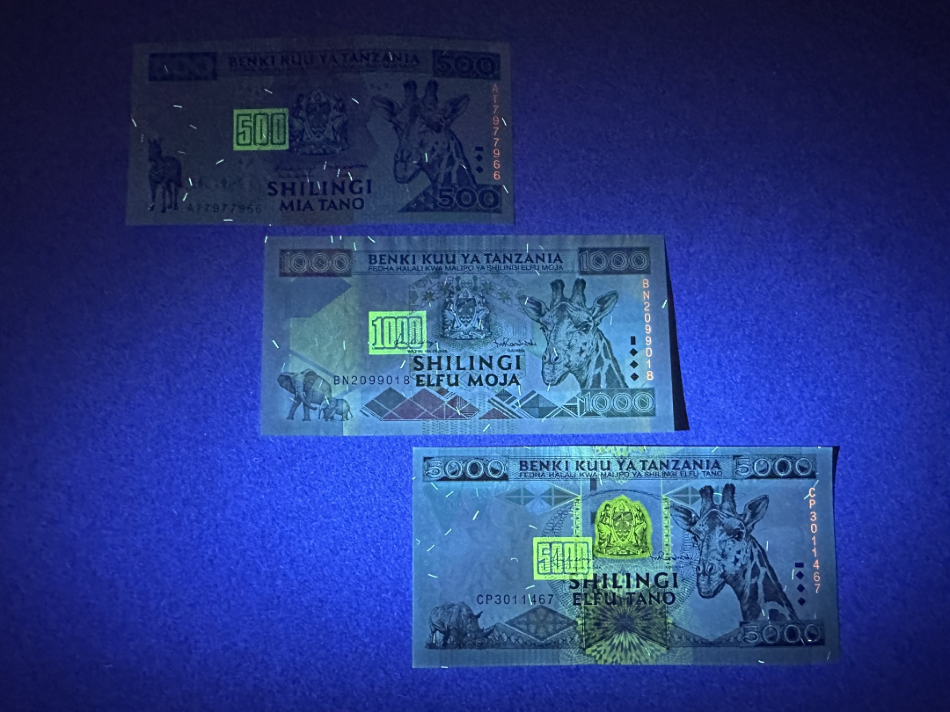 《张总收藏》94期——外币荟萃 坦桑尼亚500、1000、5000先令3张 UNC 1997年 有荧光 长颈鹿版