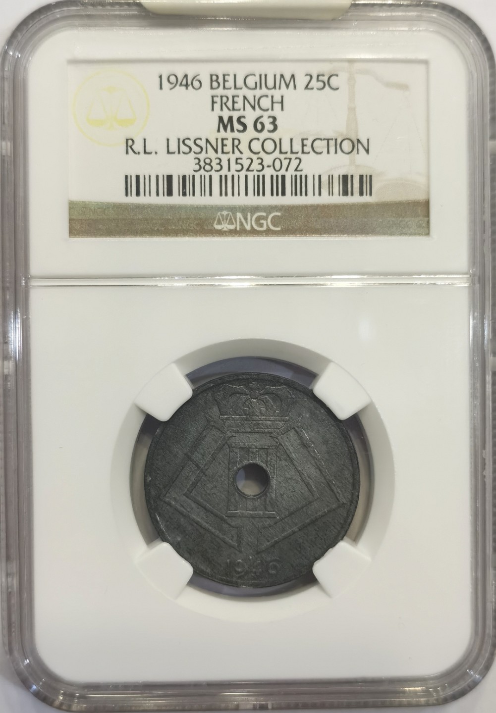 博洋堂世界钱币拍卖第019期（全场包邮） Lissner比利时旧藏系列 NGC MS63 比利时1946年25CENT，FRENCH版，来自2014年拍卖会编号50.6