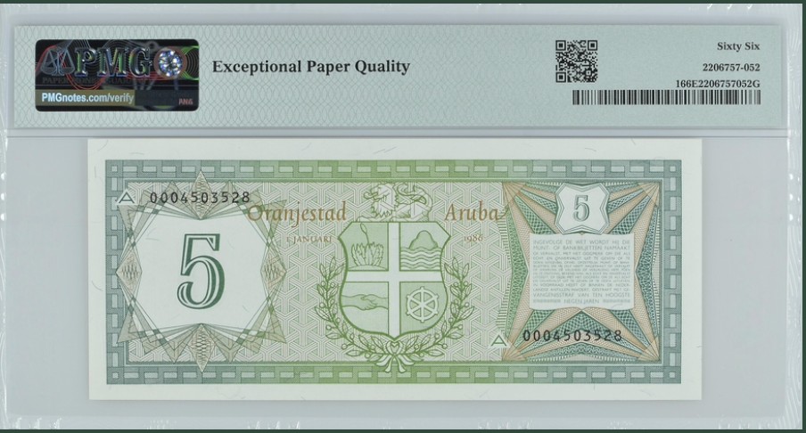 收藏联盟Quantum Auction 第241期拍卖  阿鲁巴岛1986年5弗洛林 PMG66 该国首张纸币