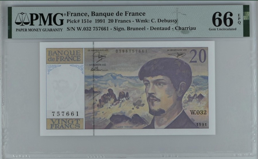 收藏联盟Quantum Auction 第241期拍卖  法国1991年20法郎 PMG66 彪西德 少见年份