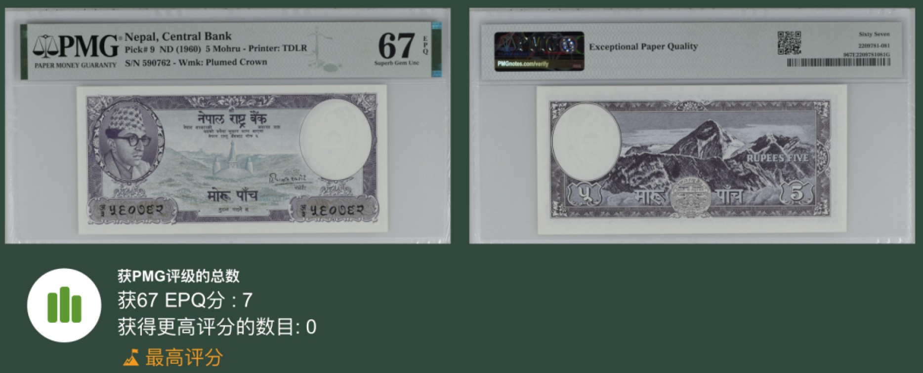 收藏联盟Quantum Auction 第241期拍卖  尼泊尔1960年5卢比 PMG67 冠军分 喜马拉雅山 非常稀少的1960年