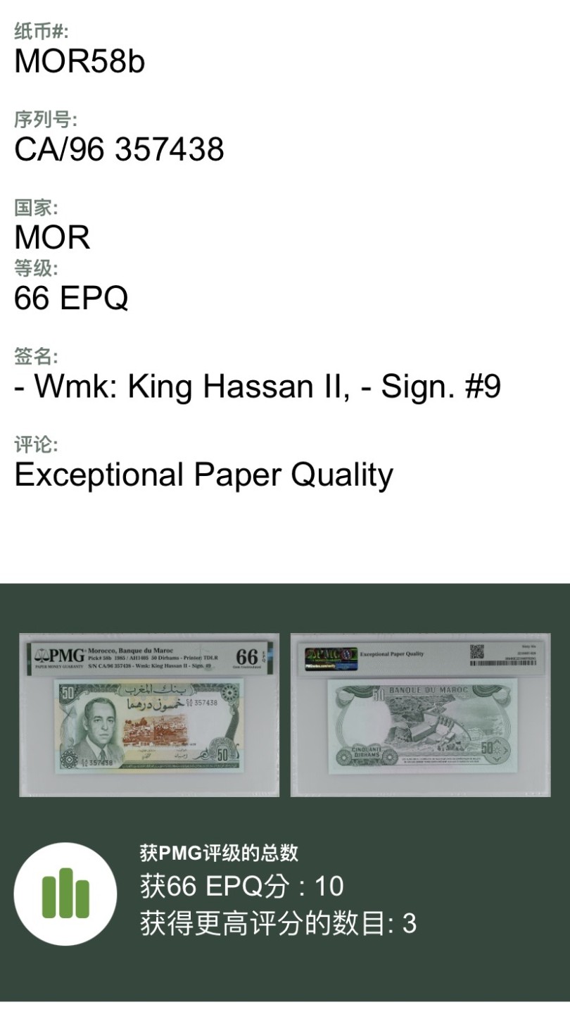 收藏联盟Quantum Auction 第241期拍卖  摩洛哥1985年50迪阿姆 PMG66 摩洛哥大水坝 稀少