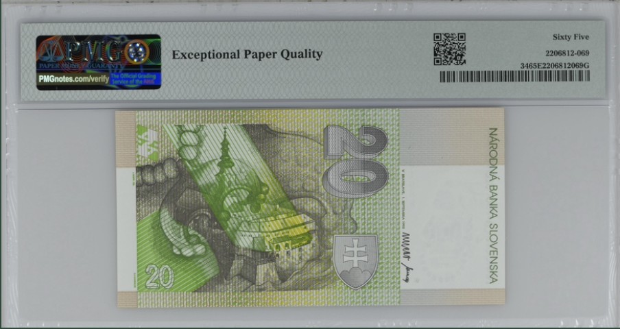 收藏联盟Quantum Auction 第241期拍卖  斯洛伐克2000年20克朗千禧年纪念钞  PMG65 A冠千位号 倒置号