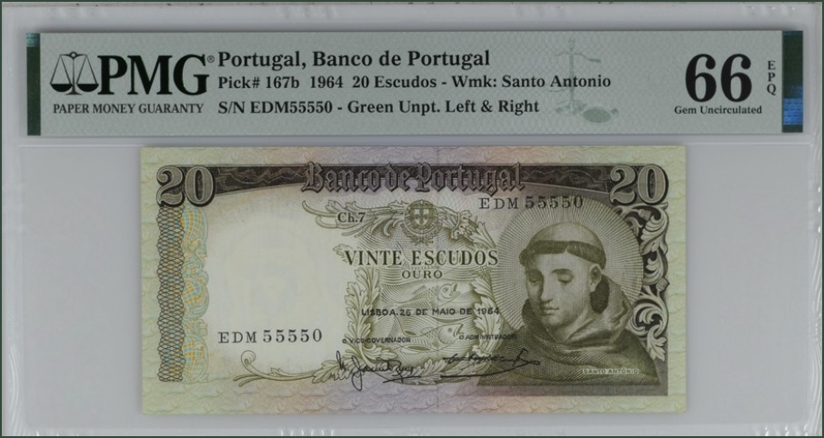 收藏联盟Quantum Auction 第241期拍卖  葡萄牙1964年20埃斯库多 PMG66