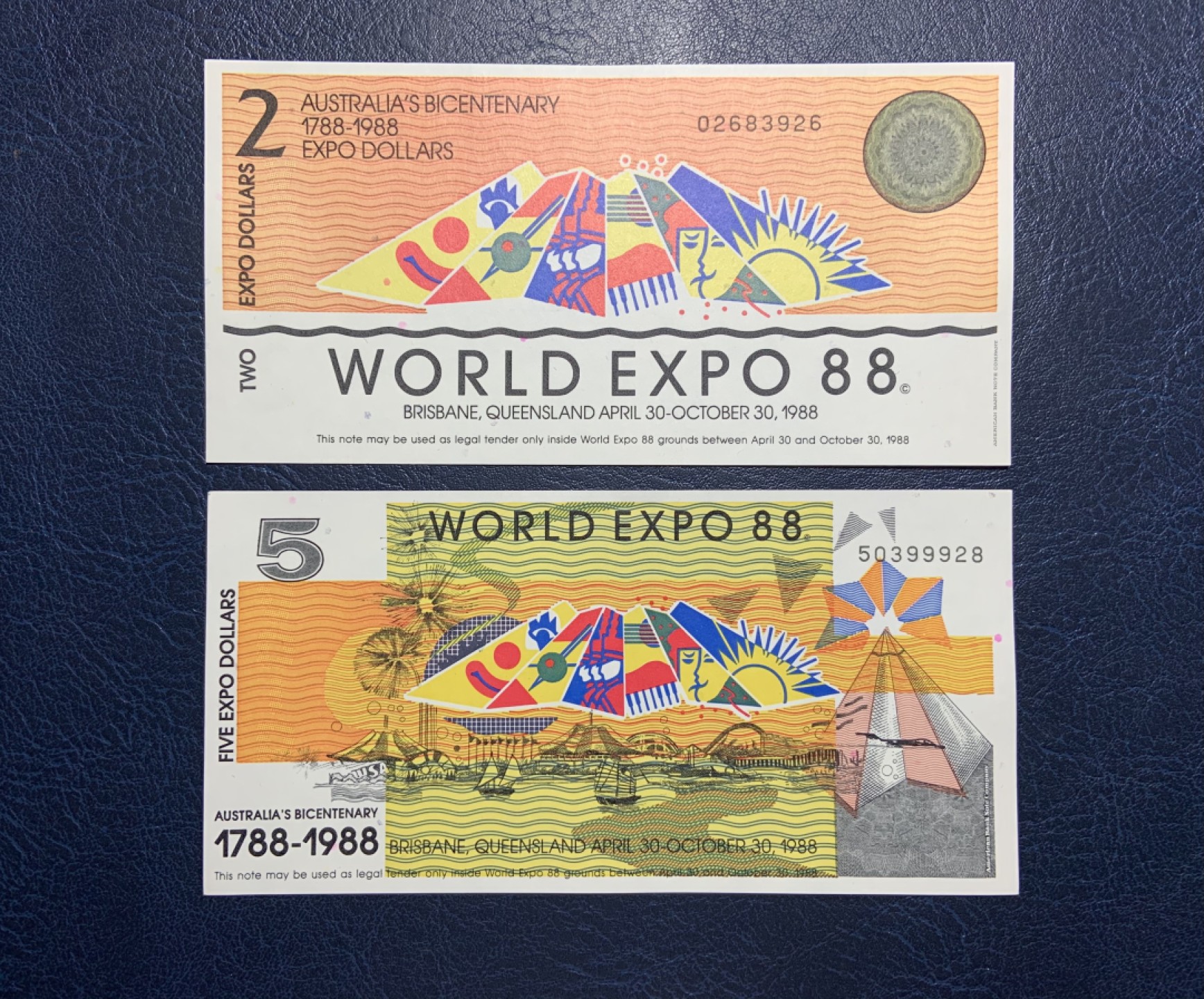 收藏联盟Quantum Auction 第241期拍卖  澳大利亚1988年布里斯班世博会代金券2-5元 品相全新UNC 雕刻版 