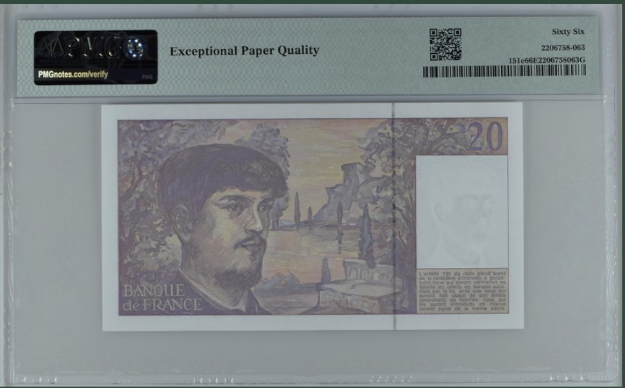 收藏联盟Quantum Auction 第241期拍卖  法国1991年20法郎 PMG66 彪西德 少见年份