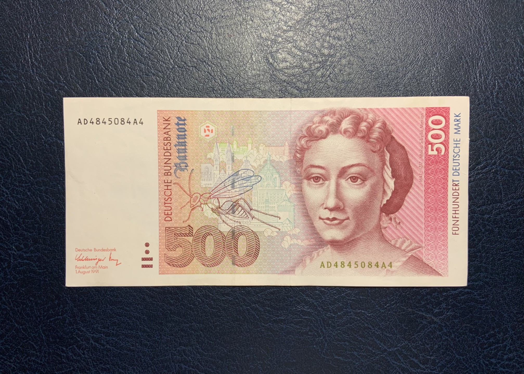 收藏联盟Quantum Auction 第241期拍卖  德国联邦1991年500马克 品相XF~AU- 德国央行永久兑换欧元  昆虫学家 绘图家 梅里安