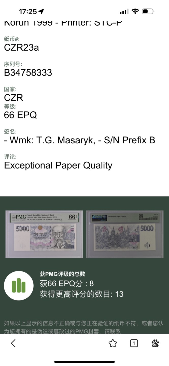 Chase Auction 第19期 - - 外钞、民国钞和人民币混合场！ 1999年捷克5000克朗，PMG66，初版，PMG66！豹子号！更高分数只有13张！