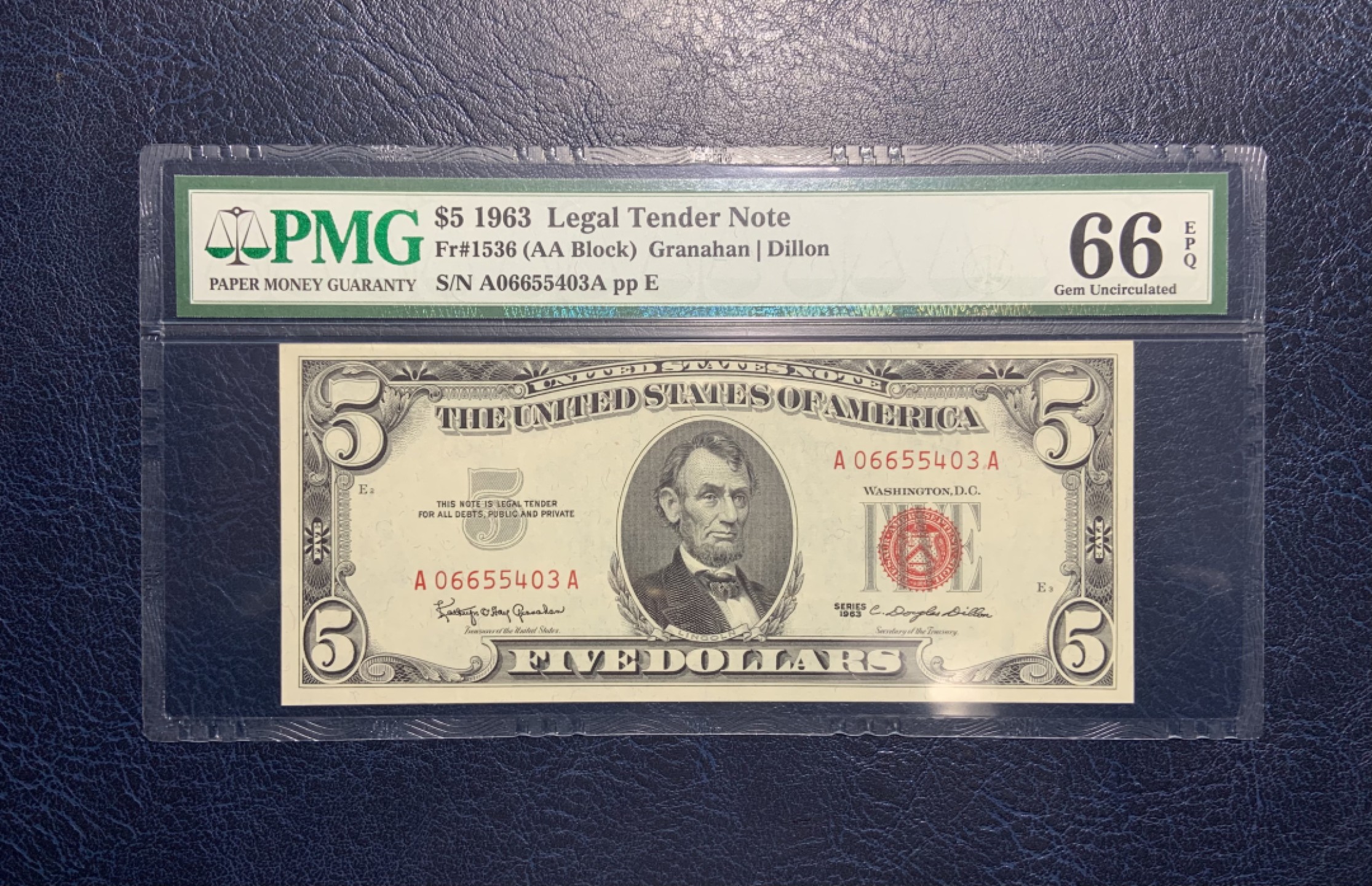 收藏联盟Quantum Auction 第241期拍卖  美国1963年政府券5元 PMG66 稀少红库印