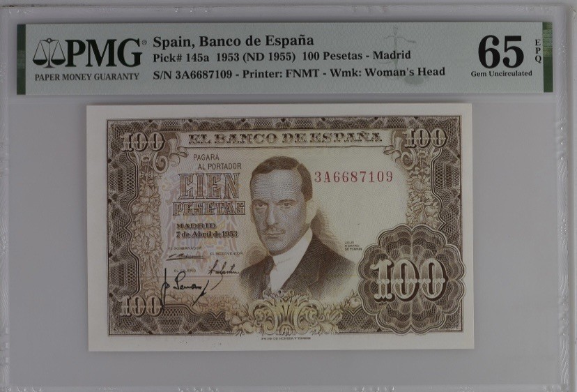 收藏联盟Quantum Auction 第241期拍卖  西班牙1953年100比塞塔 PMG65 