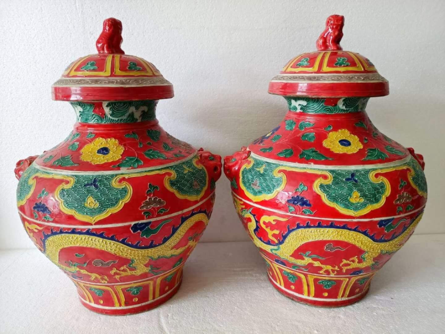大明永乐年制，珐华彩祥云龙纹虎头罐一对