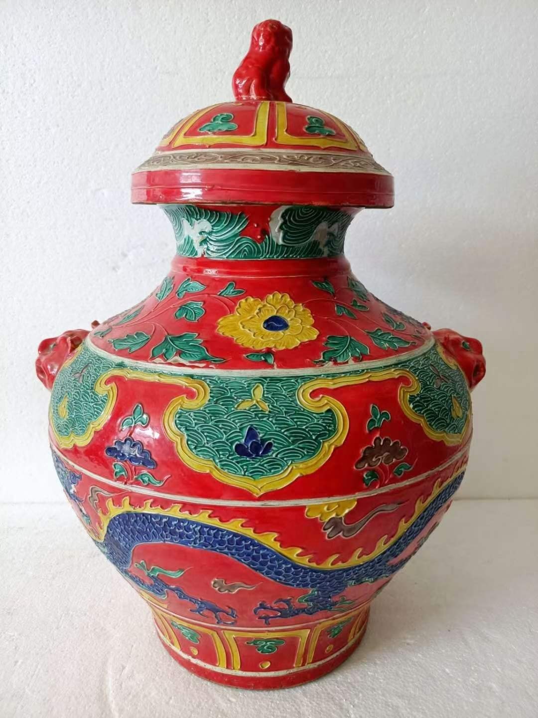 大明永乐年制，珐华彩祥云龙纹虎头罐一对