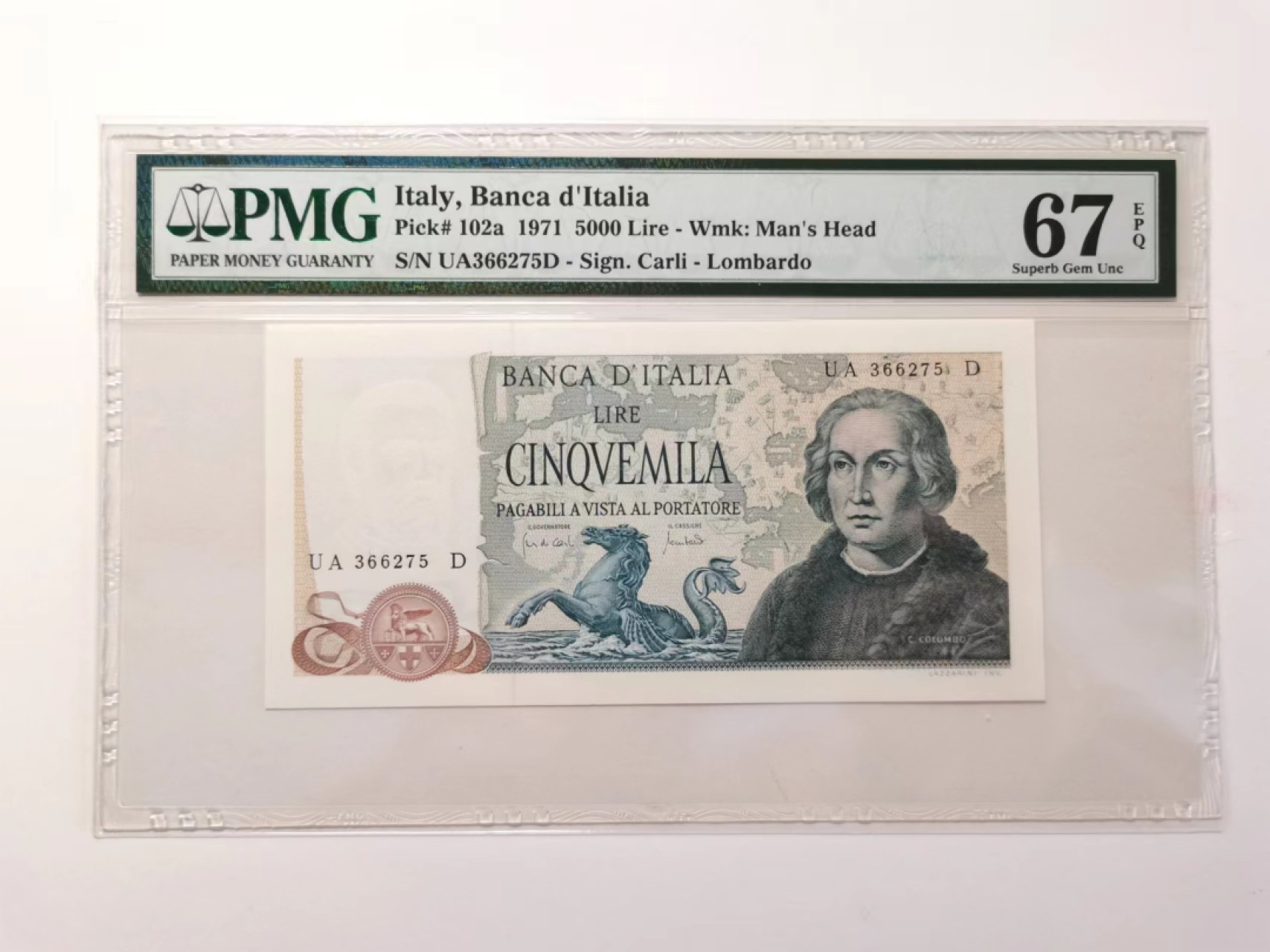 外钞荟萃x民国风云专场 PMG67意大利1971年5000里拉