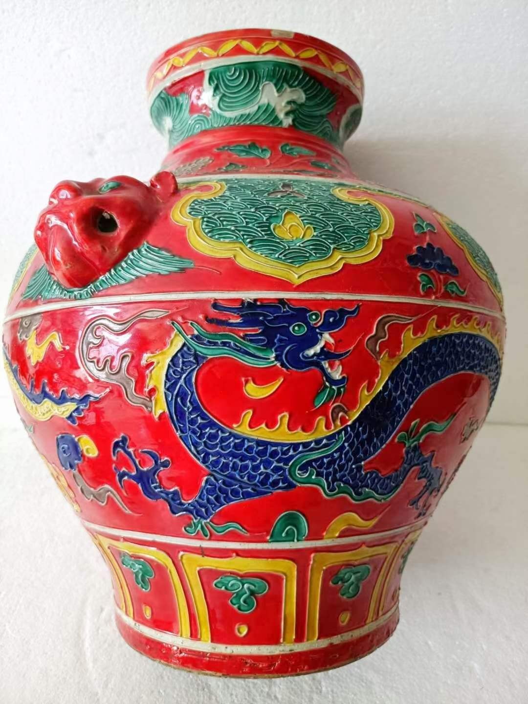 大明永乐年制，珐华彩祥云龙纹虎头罐一对