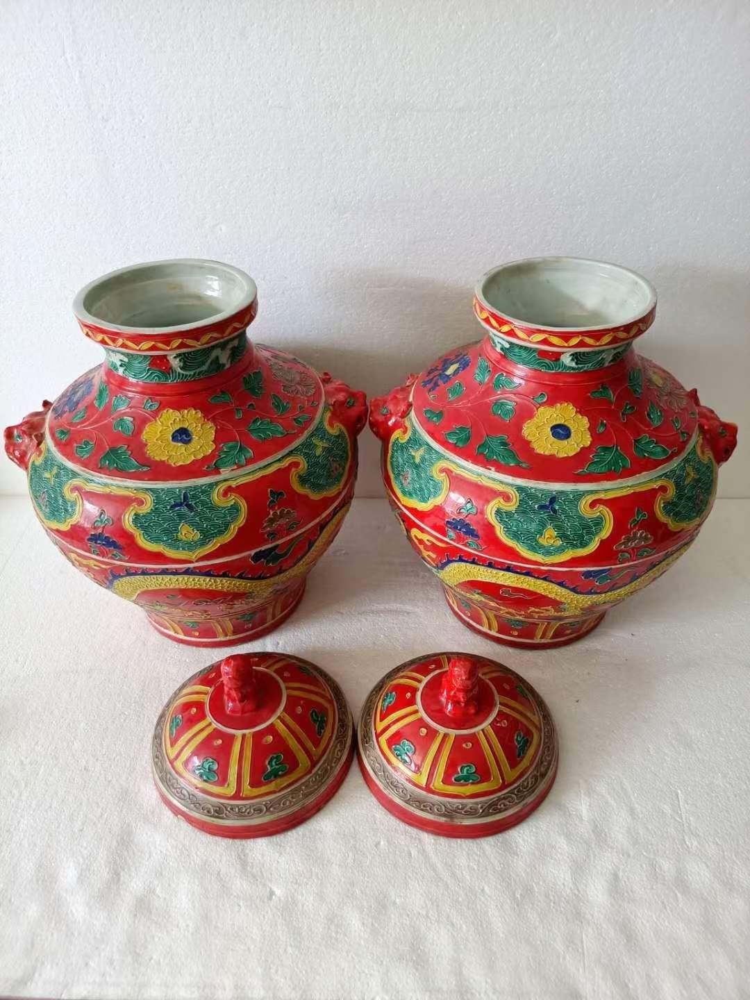 大明永乐年制，珐华彩祥云龙纹虎头罐一对