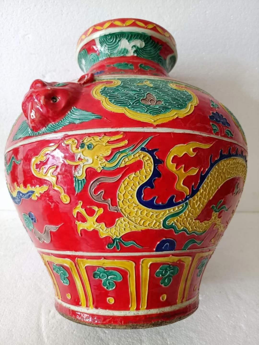 大明永乐年制，珐华彩祥云龙纹虎头罐一对