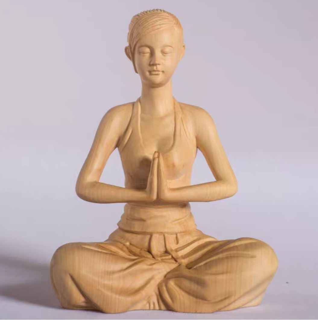 《祈祷》黄杨木雕工艺品摆件瑜伽少女人物手把玩件木雕刻送礼精品