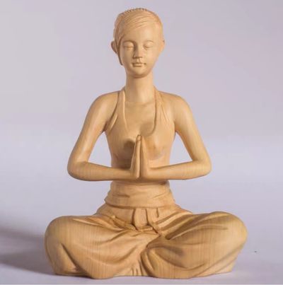 《祈祷》黄杨木雕工艺品摆件瑜伽少女人物手把玩件木雕刻送礼精品