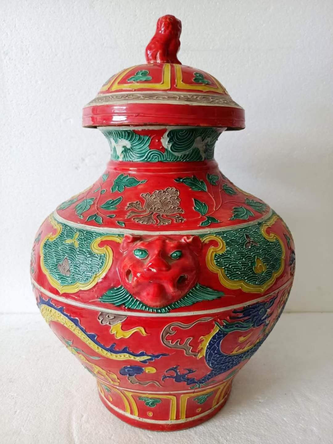 大明永乐年制，珐华彩祥云龙纹虎头罐一对