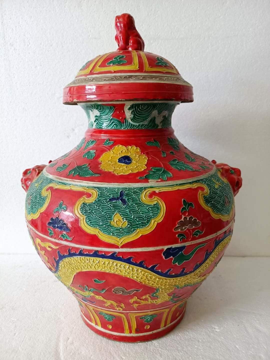 大明永乐年制，珐华彩祥云龙纹虎头罐一对