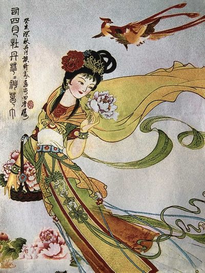 唐卡织锦刺绣古典人物刺绣画  二十四花神 牡丹仙子图，长120厘米，宽60厘米，喜欢的朋友不要错过 织锦也叫彩织，是一种有花纹图案的织品，及书画为底本用织锦工艺织成的书画作品。画面光泽鲜活，富有立体感、品质档次高、价格适中，具有不易褪色、易于收藏等特点，被当今人们奉为送礼上品。