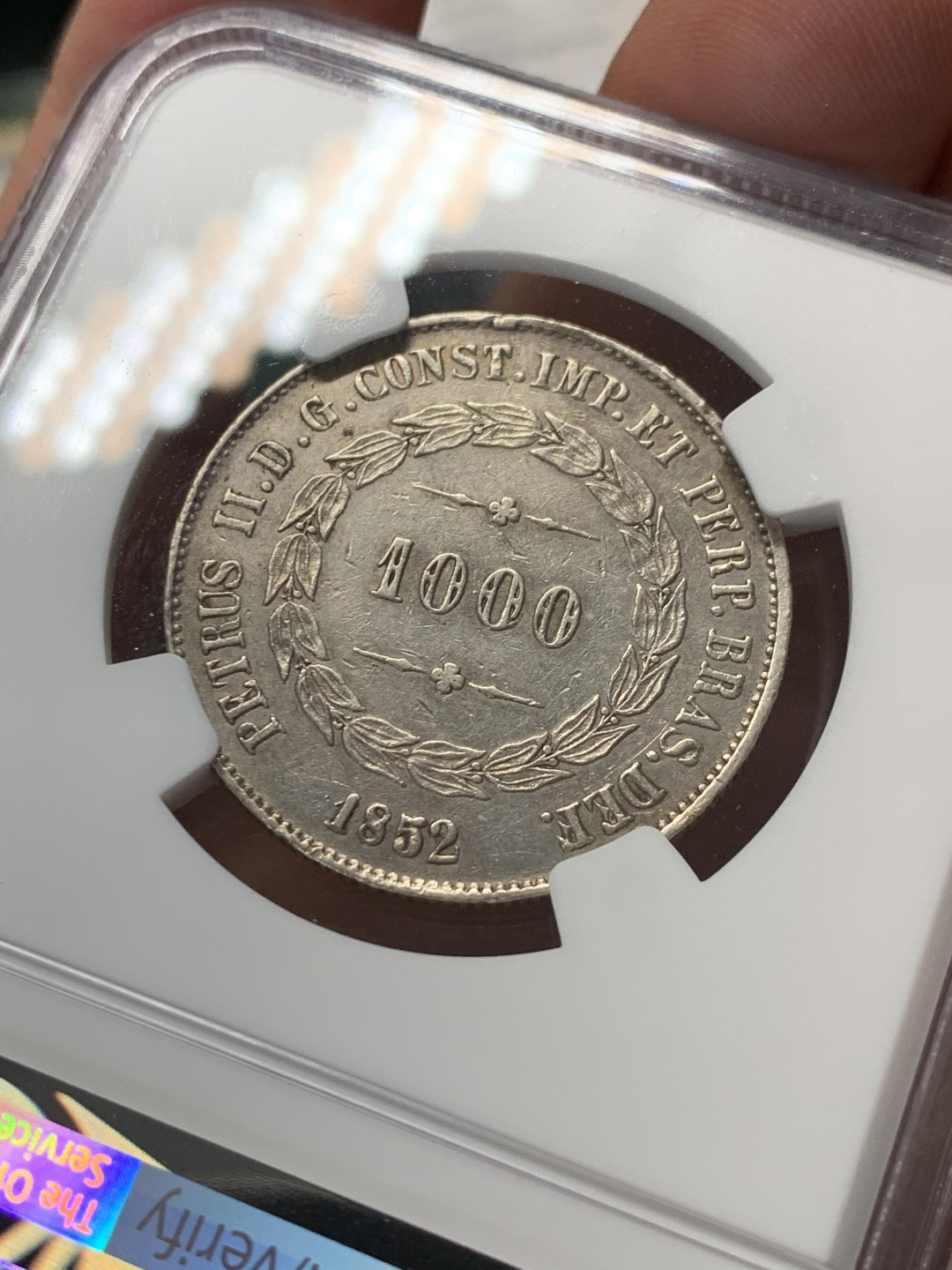 《竞宝斋》第146场-周日，周一 2场 (全场包邮) NGC-XF 1852巴西1000里亚尔银币，大叶版