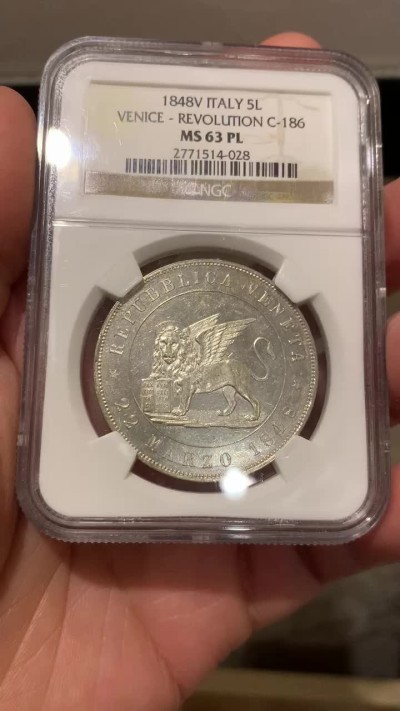 《竞宝斋》第146场-周日，周一 2场 (全场包邮) 亚军分！NGC-MS63PL 意大利威尼斯1848年飞狮5里拉大银 镜面prooflike，NGC一共只评出5枚