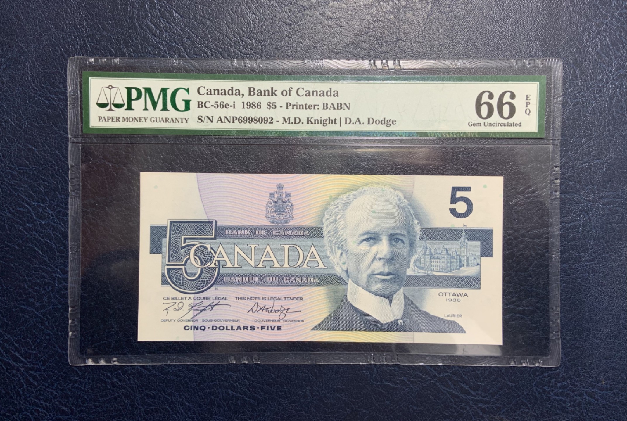 收藏联盟Quantum Auction 第242期拍卖  加拿大1986年5元 PMG66 加拿大自由党领袖 政治家和联邦总理 劳里埃