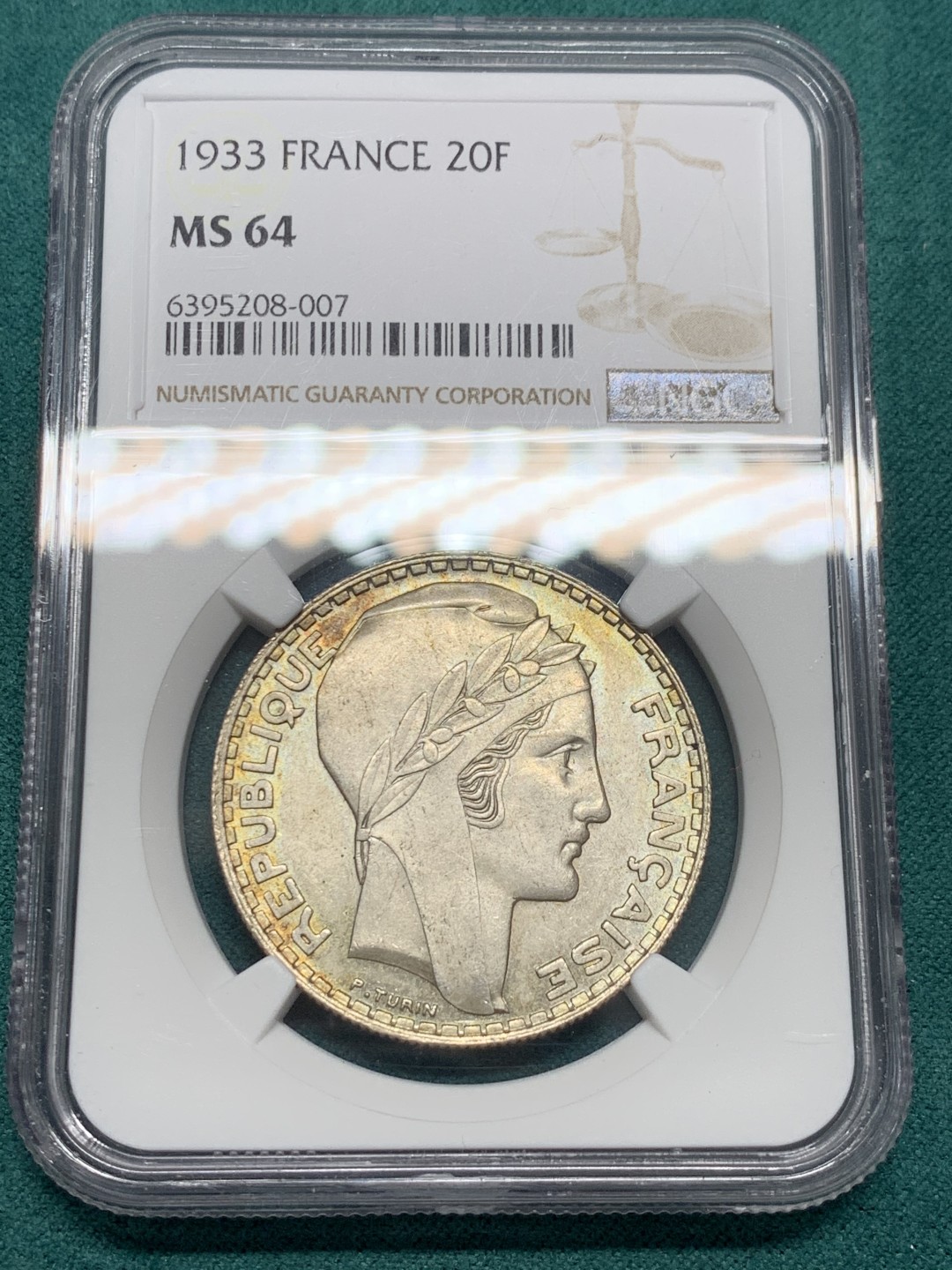 《竞宝斋》第146场-周日，周一 2场 (全场包邮) NGC-MS64 法国1933年 谷物女神20法郎大银币 淡彩包浆 顶级品相