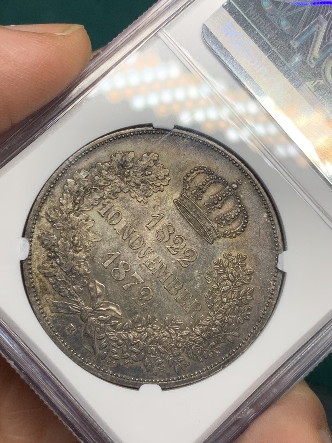 《竞宝斋》第146场-周日，周一 2场 (全场包邮) NGC-UNC 德国萨克森 1872年 金婚纪念 2泰勒大银币 原光好品带点包浆 这个没给分真的可惜了