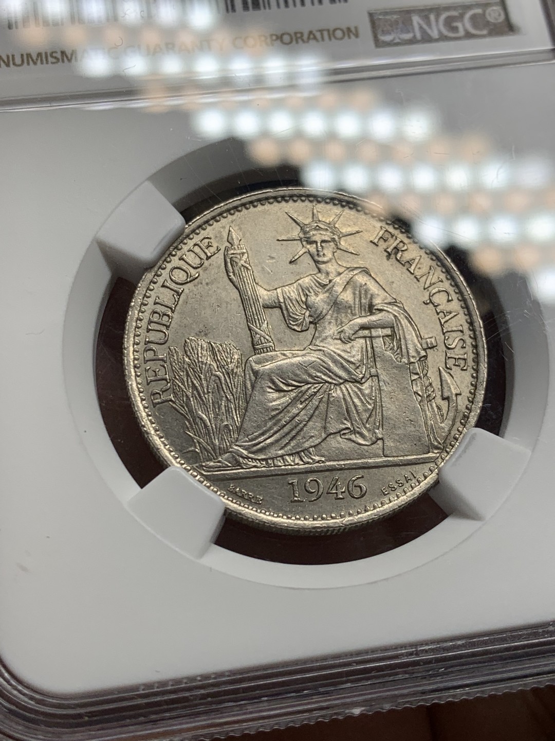 《竞宝斋》第146场-周日，周一 2场 (全场包邮) NGC SP61 1946年法属印支坐洋50分镍质样币ESSAI签字版胜利女神，总发行量1100枚，属于座洋大珍名誉品。（同款样币最新成交价一万六）