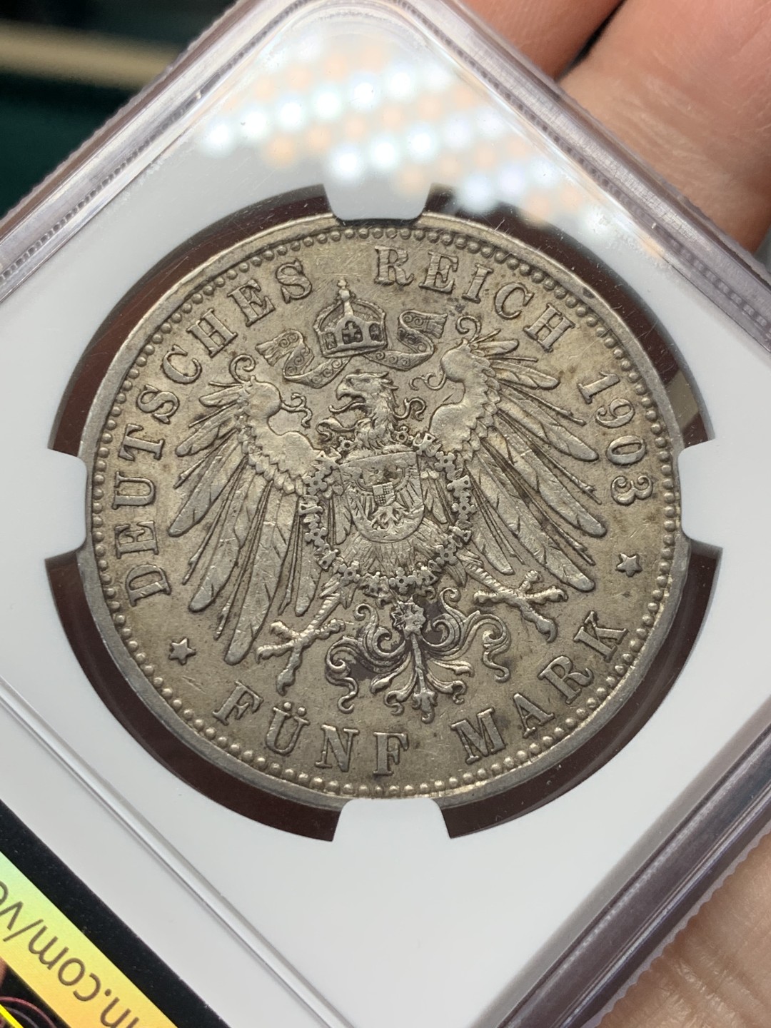 《竞宝斋》第146场-周日，周一 2场 (全场包邮) NGC评级AU55分，1903年德国巴登5马克银币，流通币充分品种，N盒更高分只有7枚。