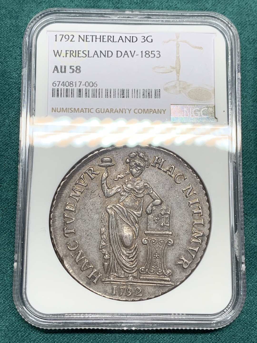 《竞宝斋》第146场-周日，周一 2场 (全场包邮) NGC-AU58 荷兰西弗里斯省1792年3盾大银币 原味包浆 好味道