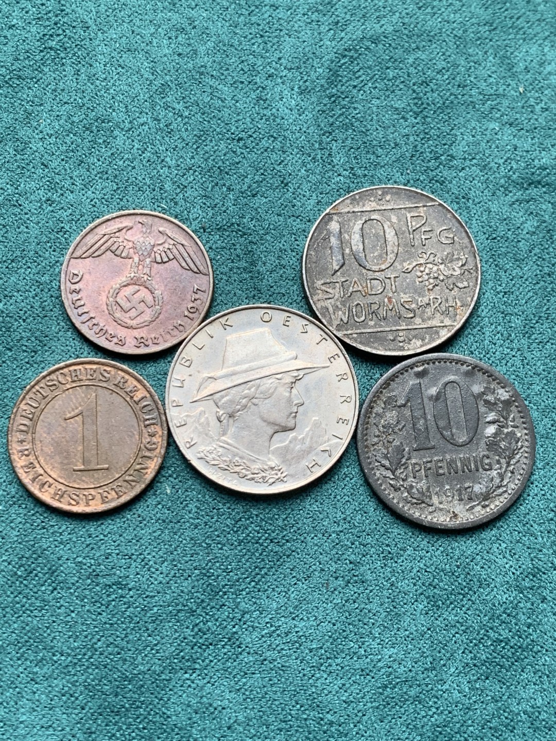 《竞宝斋》第146场-周日，周一 2场 (全场包邮) 德国+奥地利5枚不多见的品种德紧10芬尼2枚+魏玛1芬尼+德三1芬尼+奥地利1924年1000格罗申