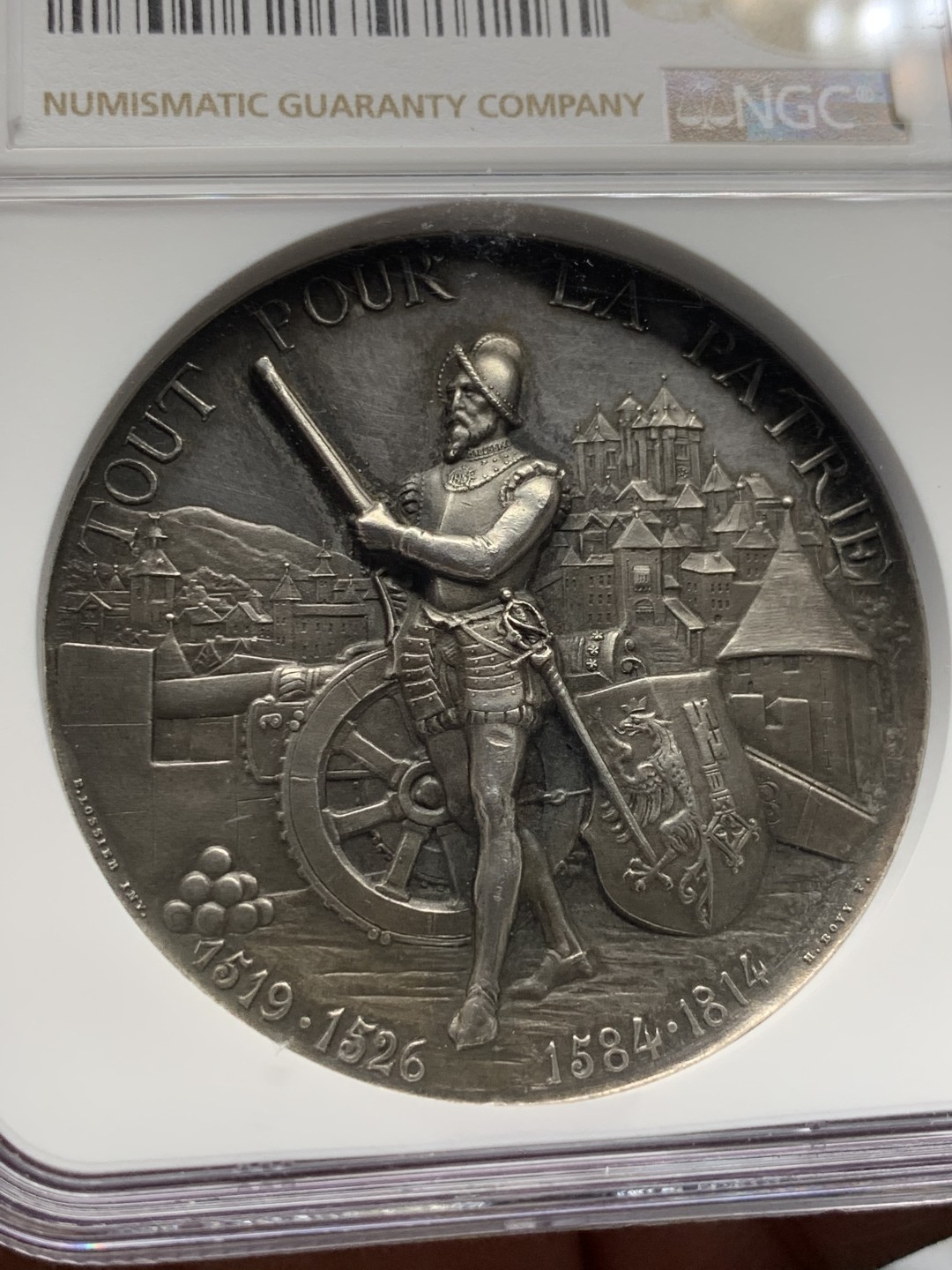 《竞宝斋》第146场-周日，周一 2场 (全场包邮) NGC-MS63 瑞士 1887年 日内瓦射击节 银章 人像立体高浮雕工艺