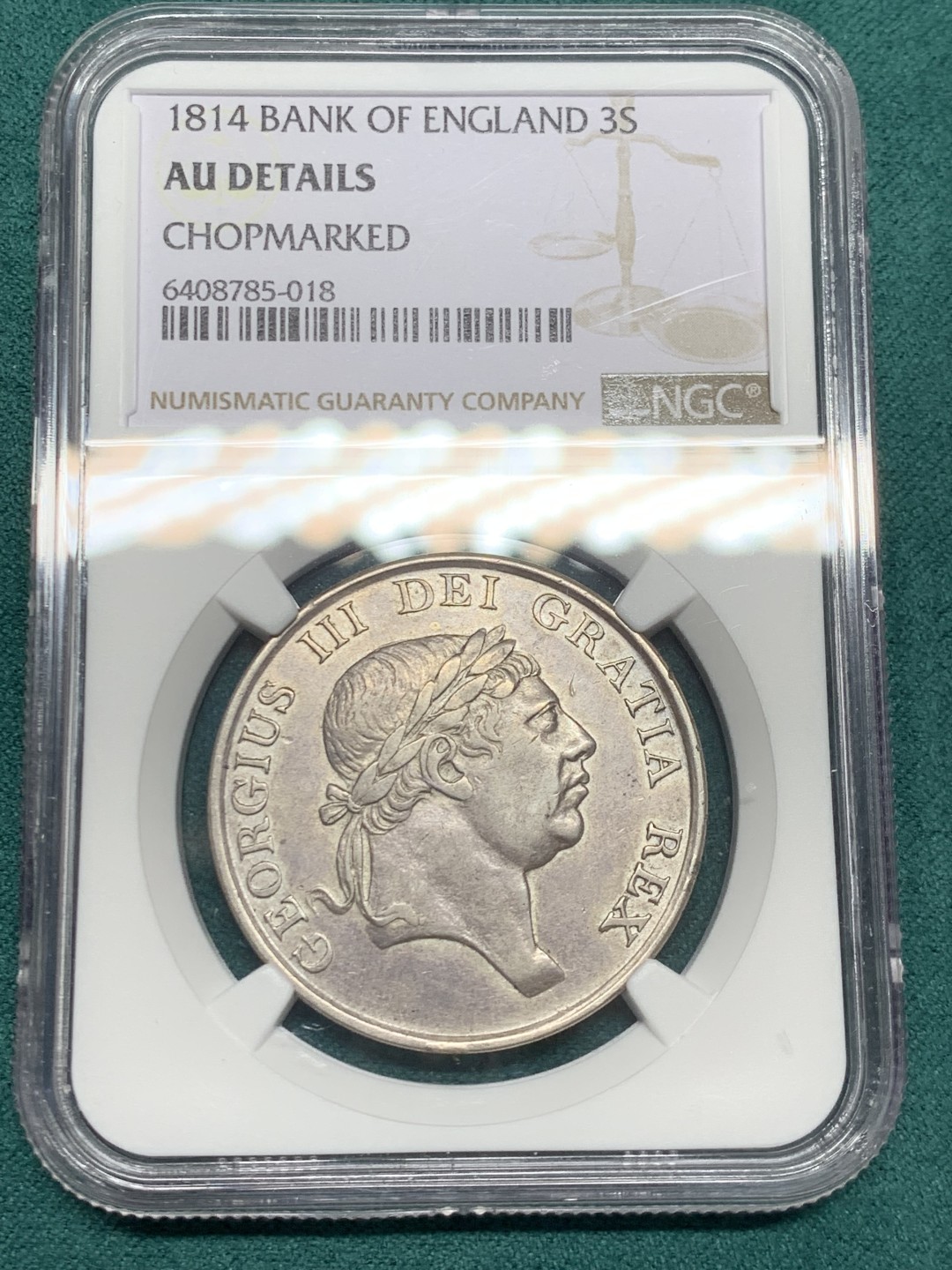 《竞宝斋》第146场-周日，周一 2场 (全场包邮) NGC-AU 英格兰银行1814年 乔三 3先令银币 少见品种
