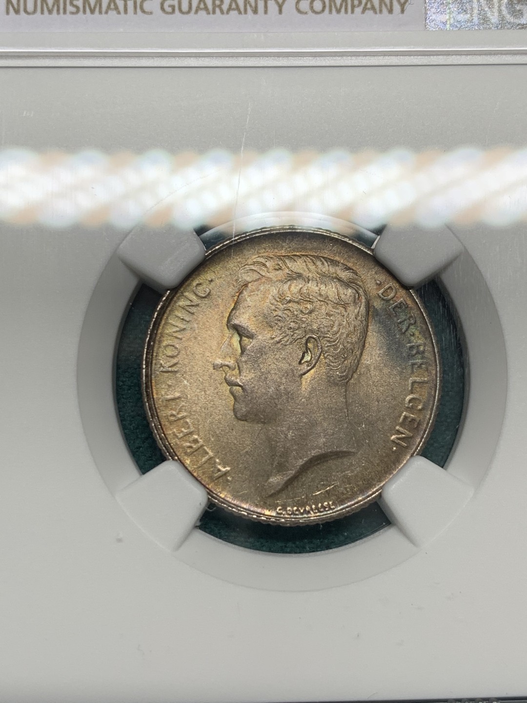 《竞宝斋》第146场-周日，周一 2场 (全场包邮) NGC-MS64 比利时1914年阿尔贝托国王 1法郎银币 五彩包浆非常漂亮