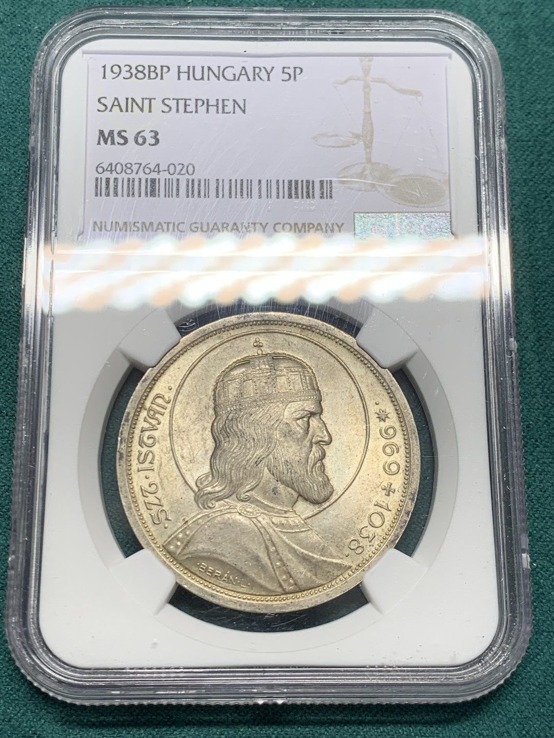 《竞宝斋》第146场-周日，周一 2场 (全场包邮) NGC-MS63 匈牙利1938年 史蒂芬5潘果大银币 暴涨品种