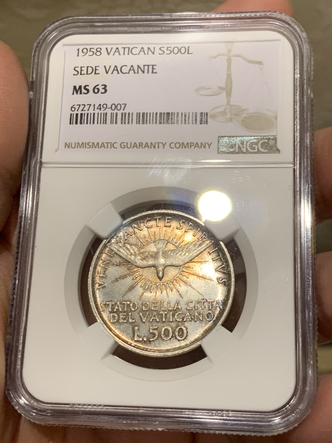 《竞宝斋》第146场-周日，周一 2场 (全场包邮) NGC MS63 梵蒂冈1958年500里拉缺位币 银币 光度很好 略有低评