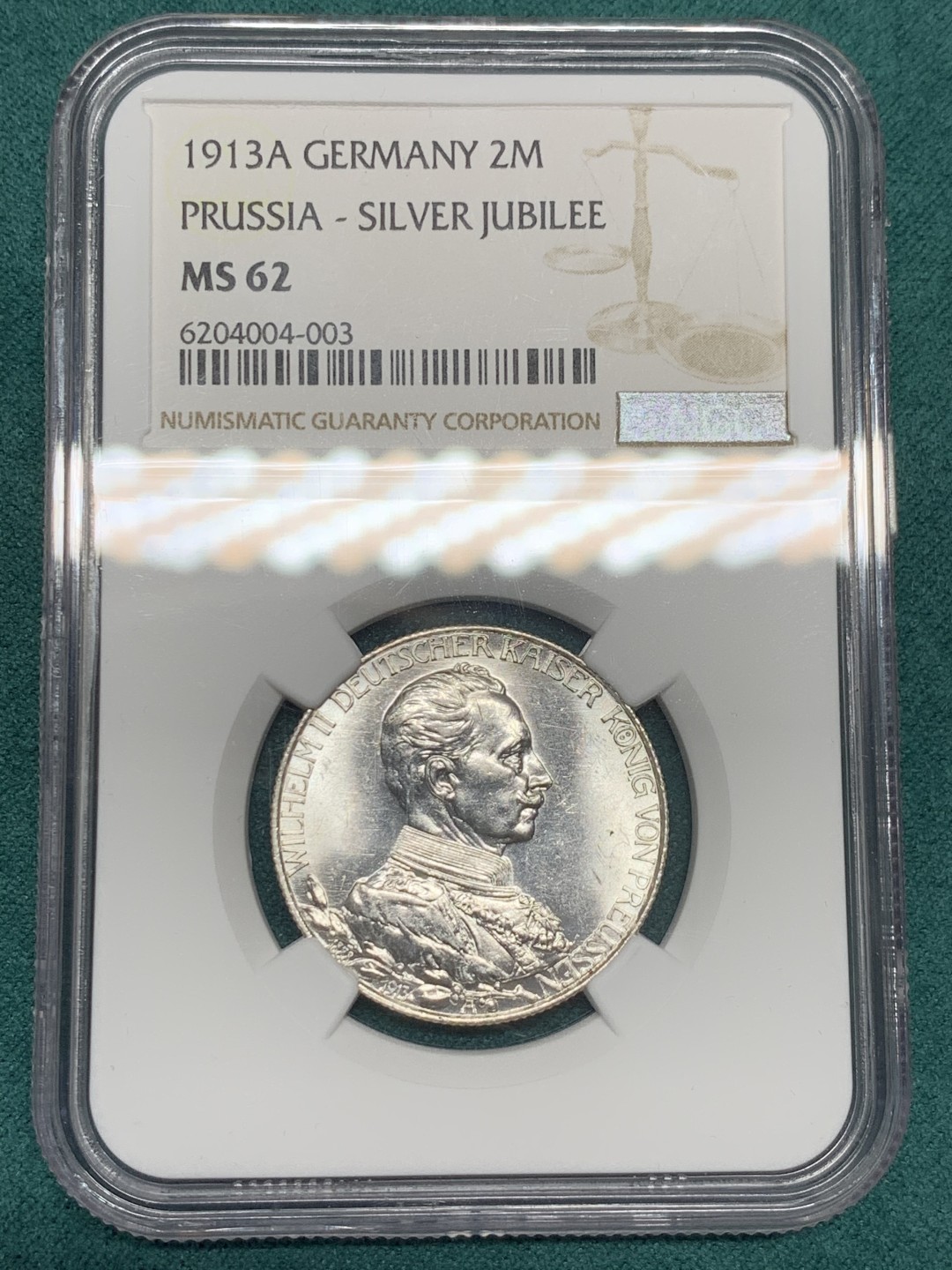 《竞宝斋》第146场-周日，周一 2场 (全场包邮) NGC-MS62 德国 1913年 2马克 银币 普鲁士 威廉二世军装版银币 光泽强烈