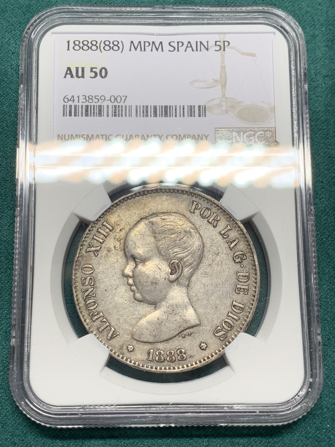 《竞宝斋》第146场-周日，周一 2场 (全场包邮) NGC-AU50 西班牙1888年 阿方索十三世 5比塞塔双柱大银币 好品上AU出分就少了