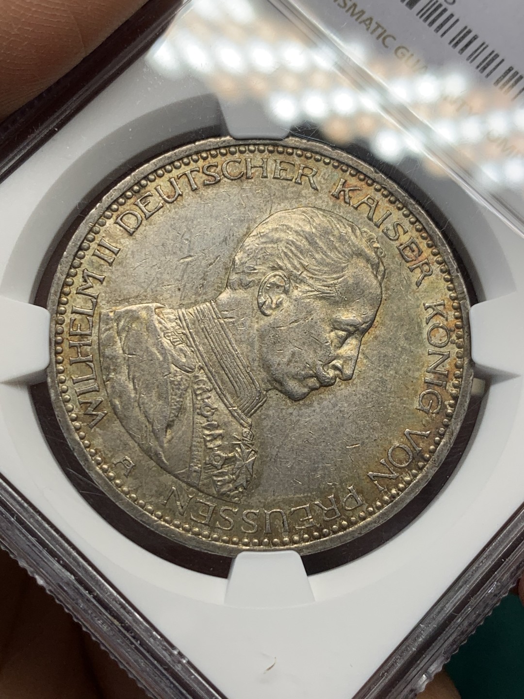 《竞宝斋》第146场-周日，周一 2场 (全场包邮) NGC-MS62 德国 1913年 普鲁士军装5马克银币 带包浆的能拿这个分不容易，味道不是白币能比的