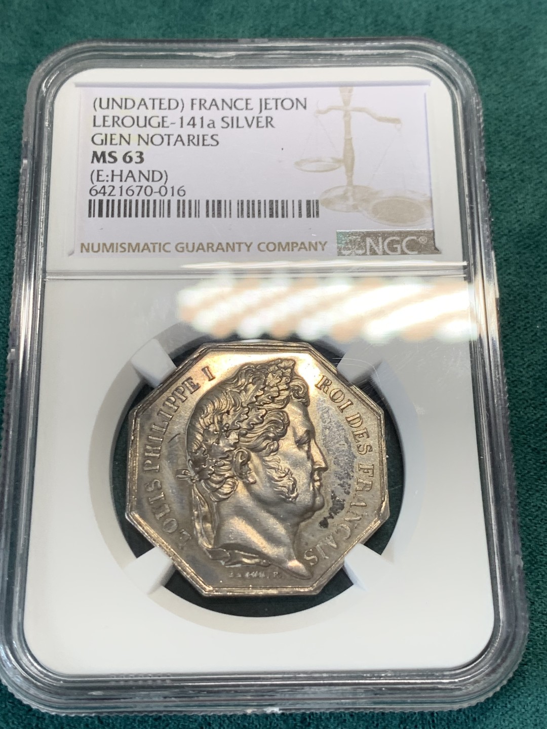 《竞宝斋》第146场-周日，周一 2场 (全场包邮) NGC MS63 法国 菲利普像 勒鲁吉市 公证处 银质八角代币 少见品种