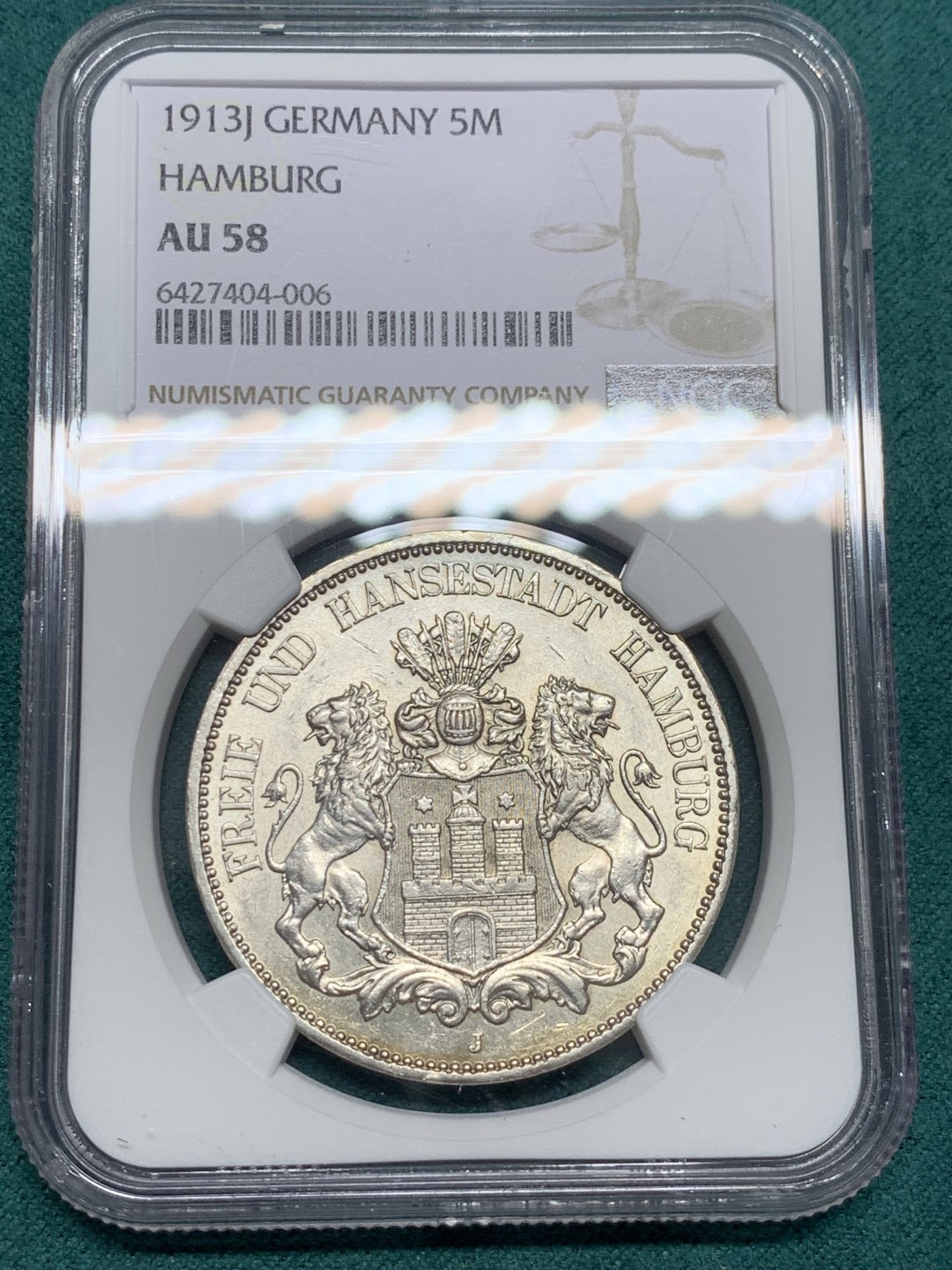 《竞宝斋》第146场-周日，周一 2场 (全场包邮) NGC-AU58 德国汉堡1913年 双狮盾牌 5马克大银币 原光好品